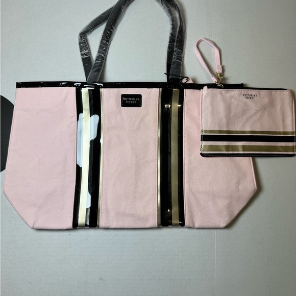 Victoria Secret TRAVEL Glass Stripe City Tote Bag BEACH Wristlet Pink Black Ltd - Picture 1 of 11